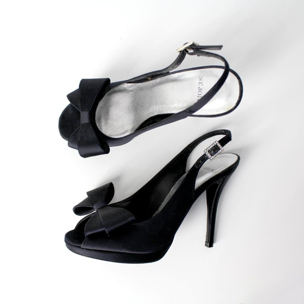 St John Black Satin Peep Toe Slingback Evening High Heels Bow Jeweled Shoes 6M - Picture 3 of 15